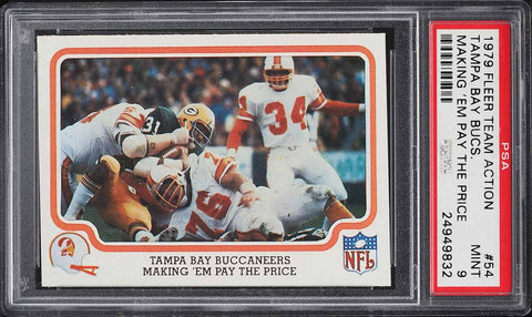 1979 Fleer Teams in Action FB Card # 54 TB Buccs MAKE 'EM PAY THE PRICE PSA 9 (MGD2)