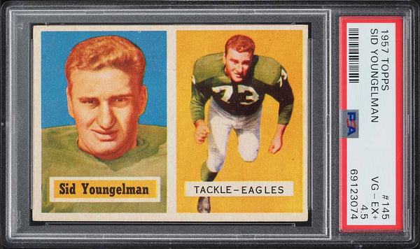 1957 Topps FB Card #145 Sid Youngelman Philadelphia Eagles ROOKIE PSA 4.5 VGEX+ (MGD2)