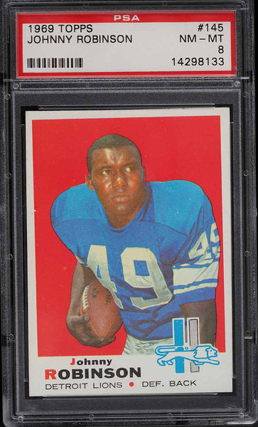 1969 Topps FB Card #145 Johnnie Robinson Detroit Lions ROOKIE RC HOF PSA 8 NM-MT (MGD2)