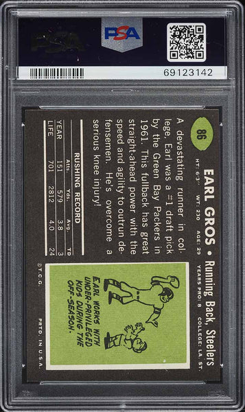 1969 Topps FB Card # 86 Earl Gros Pittsburgh Steelers PSA 8 NM-MT (MGD2)