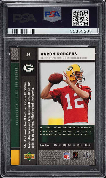 2005 Upper Deck Rookie Premiere FB Card # 16 Aaron Rodgers RC PSA 9 MINT (MGD2)