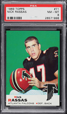 1969 Topps FB Card # 71 Nick Rassas Atlanta Falcons ROOKIE RC PSA 8 NM-MT (MGD2)