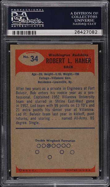 1955 Bowman FB Card # 34 Robert Haner Redskins ROOKIE RC PSA 8 NM-MT (MGD2)