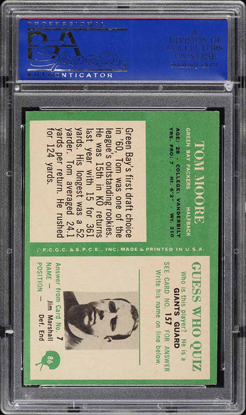 1966 Philadelphia FB Card # 86 Tom Moore Green Bay Packers PSA 8 NM-MT (MGD2)