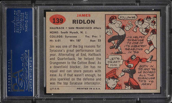 1957 Topps FB Card #139 Jim Ridlon San Francisco 49ers ROOKIE RC PSA 7 NRMT (MGD2)