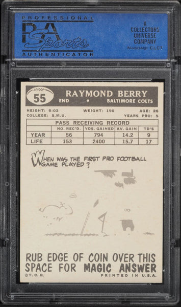 1959 Topps FB Card # 55 Raymond Berry Baltimore Colts HOF PSA 8 NM-MT (MGD2)