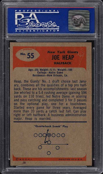 1955 Bowman FB Card # 55 Joe Heap New York Giants ROOKIE RC PSA 8 NM-MT (MGD2)