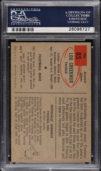 1954 Bowman FB Card # 85 Lou Creekmur Detroit Lions HOF SP PSA 8 NM-MT (MGD2)