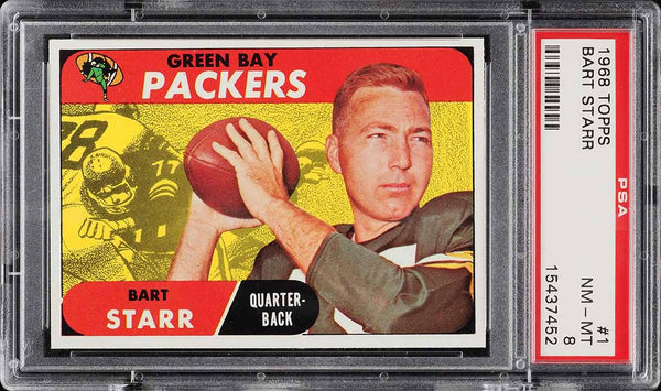 1968 Topps FB Card # 1 Bart Starr Green Bay Packers HOF PSA 8 NM-MT (MGD2)