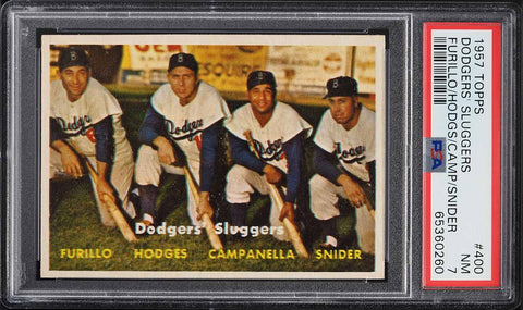 1957 Topps BB Card #400 Duke Snider, Campanella, Hodges, DODGERS SLUGGERS PSA 7 (MGD3)