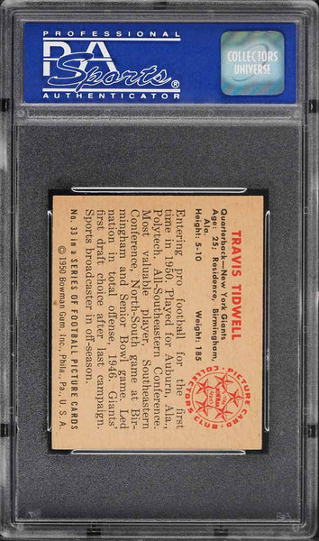 1950 Bowman FB Card # 33 Travis Tidwell New York Giants ROOKIE RC PSA 7 NRMT (MGD2)