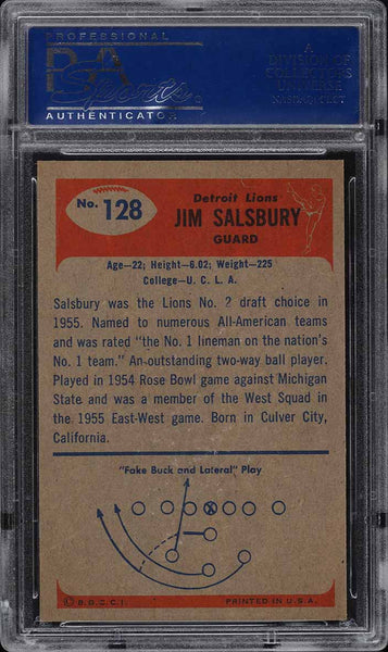 1955 Bowman FB Card #128 Jim Salsbury Detroit Lions ROOKIE RC PSA 8 NM-MT (MGD2)