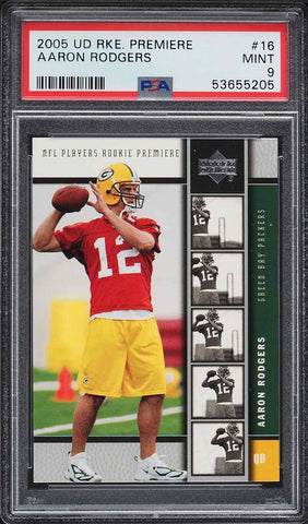 2005 Upper Deck Rookie Premiere FB Card # 16 Aaron Rodgers RC PSA 9 MINT (MGD2)