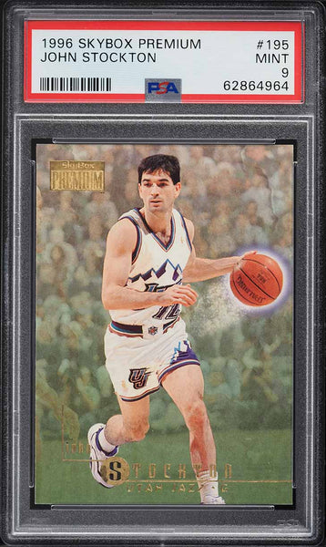 1996 Skybox Premium BkB Card #195 John Stockton Utah Jazz HOF PSA 9 MINT (MGD2)