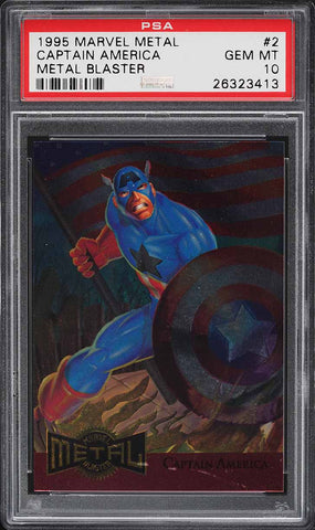 1995 Marvel Metal Card # 2 Captain America METAL BLASTER PSA 10 GEM MINT (MGD2)