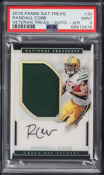 2016 National Treasures FB Card # 30 Randall Cobb PATCH AUTO /10 PSA 9 MINT (MGD2)