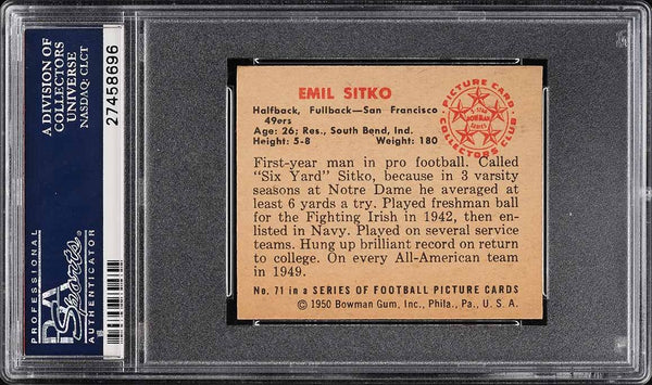 1950 Bowman FB Card # 71 Emil Sitko San Francisco 49ers RC HOF PSA 8 NM-MT (MGD2)