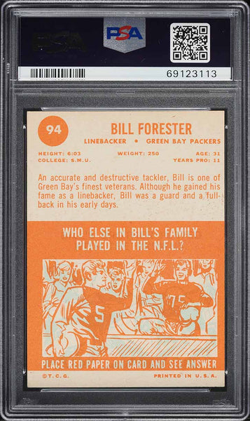 1963 Topps FB Card # 94 Bill Forester Green Bay Packers HOF PSA 5 EX (MGD2)