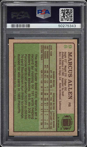 1984 Topps FB Card # 98 Marcus Allen Los Angeles Raiders HOF PSA 8 NM-MT (MGD2)