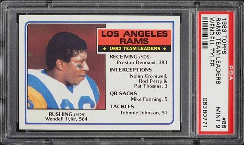 1983 Topps FB Card # 86 Wendell Tyler Los Angeles Rams TEAM LEADERS PSA 9 MINT (MGD2)