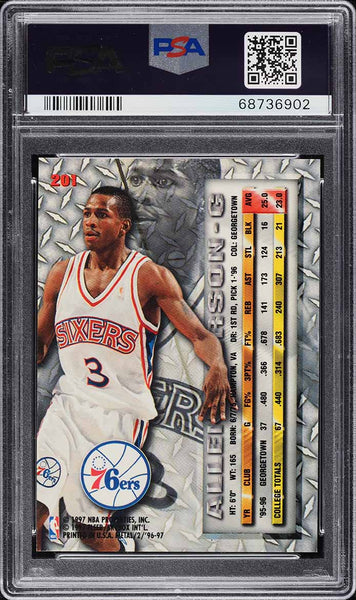 1996 Metal BkB Card #201 Allen Iverson HOF ROOKIE RC PSA 10 GEM MINT (MGD2)