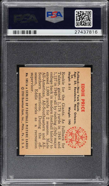 1950 Bowman FB Card #105 Eddie Price New York Giants ROOKIE RC HOF PSA 8 NM-MT (MGD2)