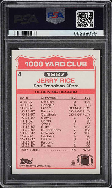 1988 Topps FB Card # 4 Jerry Rice 49ers 1000 Yard Club HOF PSA 8 NM-MT (MGD2)