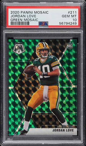 2020 Panini Mosaic FB Card #211 Jordan Love GREEN ROOKIE RC PSA 10 GEM MINT (MGD2)