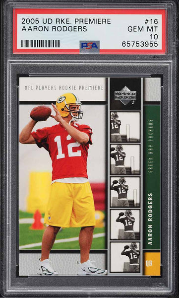 2005 Upper Deck Rookie Premiere FB Card # 16 Aaron Rodgers RC PSA 10 GEM MINT (MGD2)