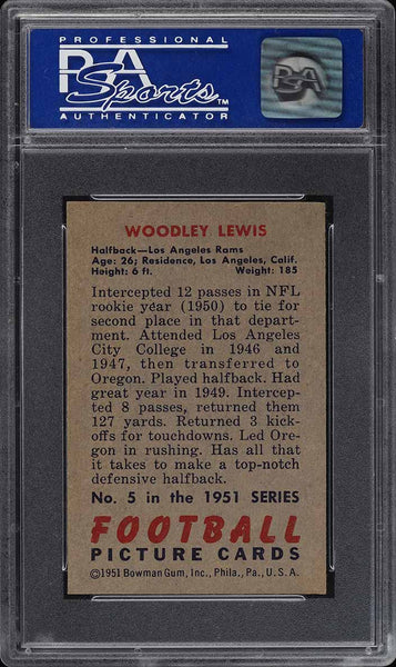 1951 Bowman FB Card # 5 WoodLey Lewis Los Angeles Rams ROOKIE RC PSA 8 NM-MT (MGD2)