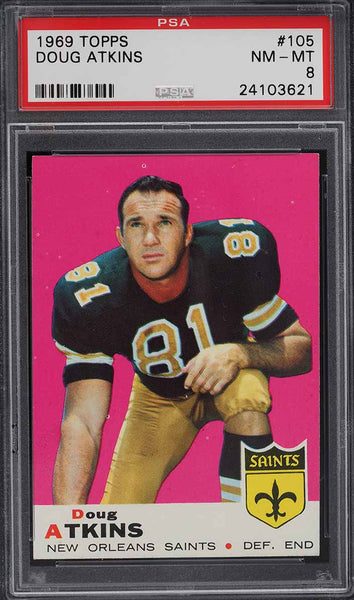 1969 Topps FB Card #105 Doug Atkins New Orleans Saints HOF PSA 8 NM-MT (MGD2)