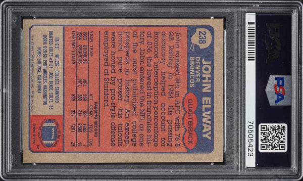 1985 Topps FB Card #238 John Elway Denver Broncos HOF PSA 8 NM-MT (MGD2)