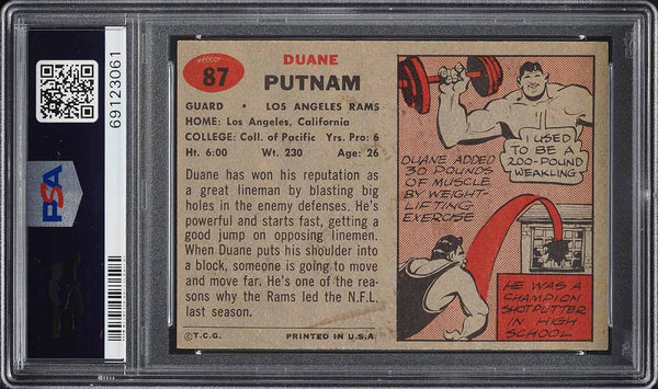 1957 Topps FB Card # 87 Duane Putnam Los Angeles Rams ROOKIE RC PSA 8 NM-MT (MGD2)