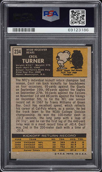 1971 Topps FB Card #234 Cecil Turner Chicago Bears ROOKIE RC PSA 6 EXMT (MGD2)