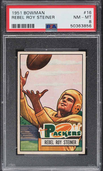 1951 Bowman FB Card # 16 Rebel Roy Steiner Green Bay Packers ROOKIE RC PSA 8 (MGD2)