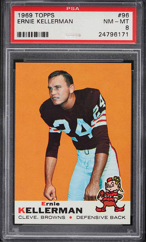 1969 Topps FB Card # 96 Ernie Kellerman Cleveland Browns ROOKIE RC PSA 8 NM-MT (MGD2)