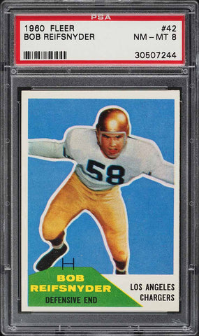 1960 Fleer FB Card # 42 Bob Reifsnyder Los Angeles Chargers HOF ROOKIE RC PSA 8 (MGD2)