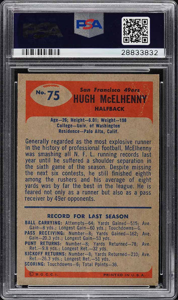 1955 Bowman FB Card # 75 Hugh McElhenny San Francisco 49ers HOF PSA 8 NM-MT (MGD2)