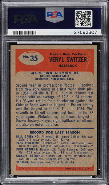 1955 Bowman FB Card # 35 Veryl Switzer Green Bay Packers PSA 8 NM-MT (MGD2)