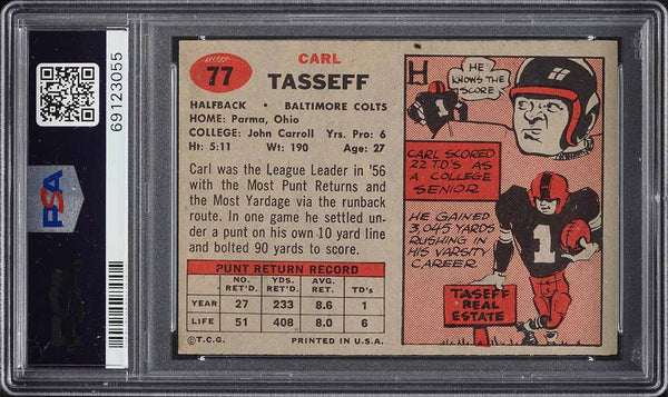 1957 Topps FB Card # 77 Carl Tasseff Baltimore Colts PSA 7 NRMT (MGD2)