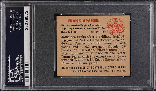 1950 Bowman FB Card #102 Frank Spaniel Washington Redskins ROOKIE RC PSA 7 NRMT (MGD2)