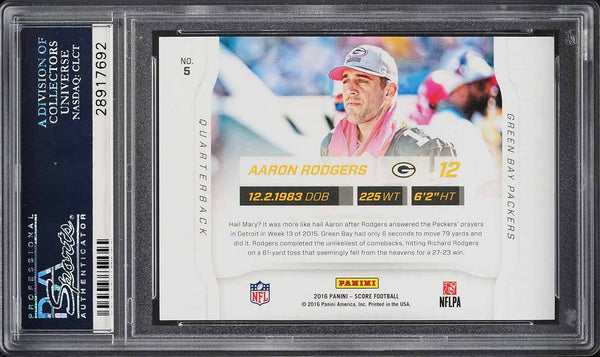 2016 Score FB Card # 5 Aaron Rodgers Green Bay Packers SIDELINES PSA 10 GEM MINT (MGD2)