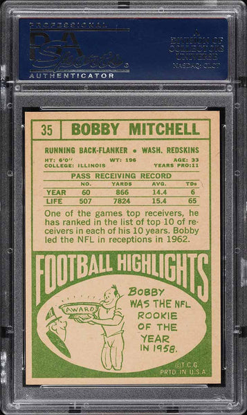 1968 Topps FB Card # 35 Bobby Mitchell Washington Redskins HOF PSA 8 NM-MT (MGD2)