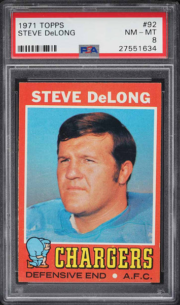 1971 Topps FB Card # 92 Steve DeLong San Diego Chargers HOF PSA 8 NM-MT (MGD2)