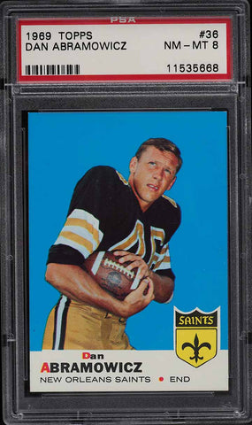 1969 Topps FB Card # 36 Dan Abramowicz New Orleans Saints ROOKIE RC PSA 8 NM-MT (MGD2)