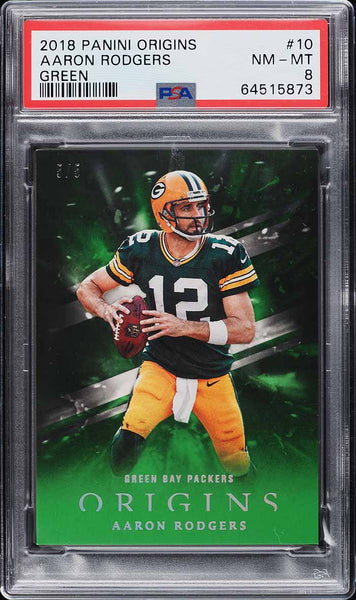 2018 Panini Origins FB Card # 10 Aaron Rodgers Packers GREEN 5/5 PSA 8 NM-MT (MGD2)