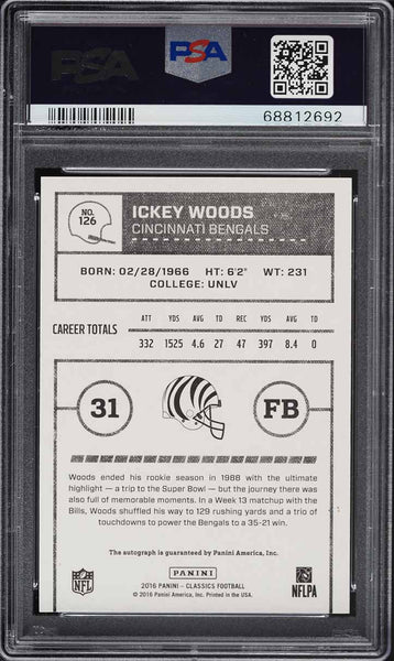 2016 Prime Classics FB Card #126 Ickey Woods Bengals AUTO /99 PSA 9 MINT (MGD2)