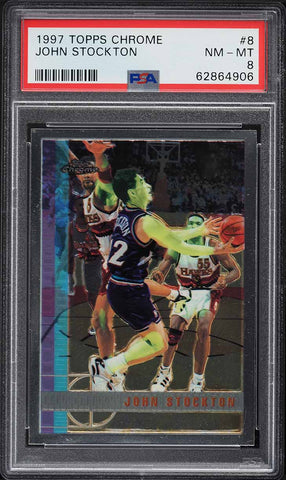 1997 Topps Chrome BkB Card # 8 John Stockton Utah Jazz HOF PSA 8 NM-MT (MGD2)
