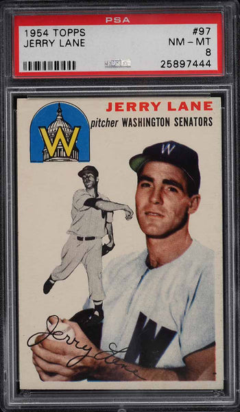 1954 Topps BB Card # 97 Jerry Lane Washington Senators ROOKIE RC PSA 8 NM-MT (MGD2)