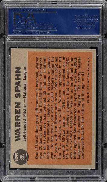 1962 Topps BB Card #399 Warren Spahn Milwaukee Braves ALL-STAR HOF PSA 7 NRMT (MGD2)